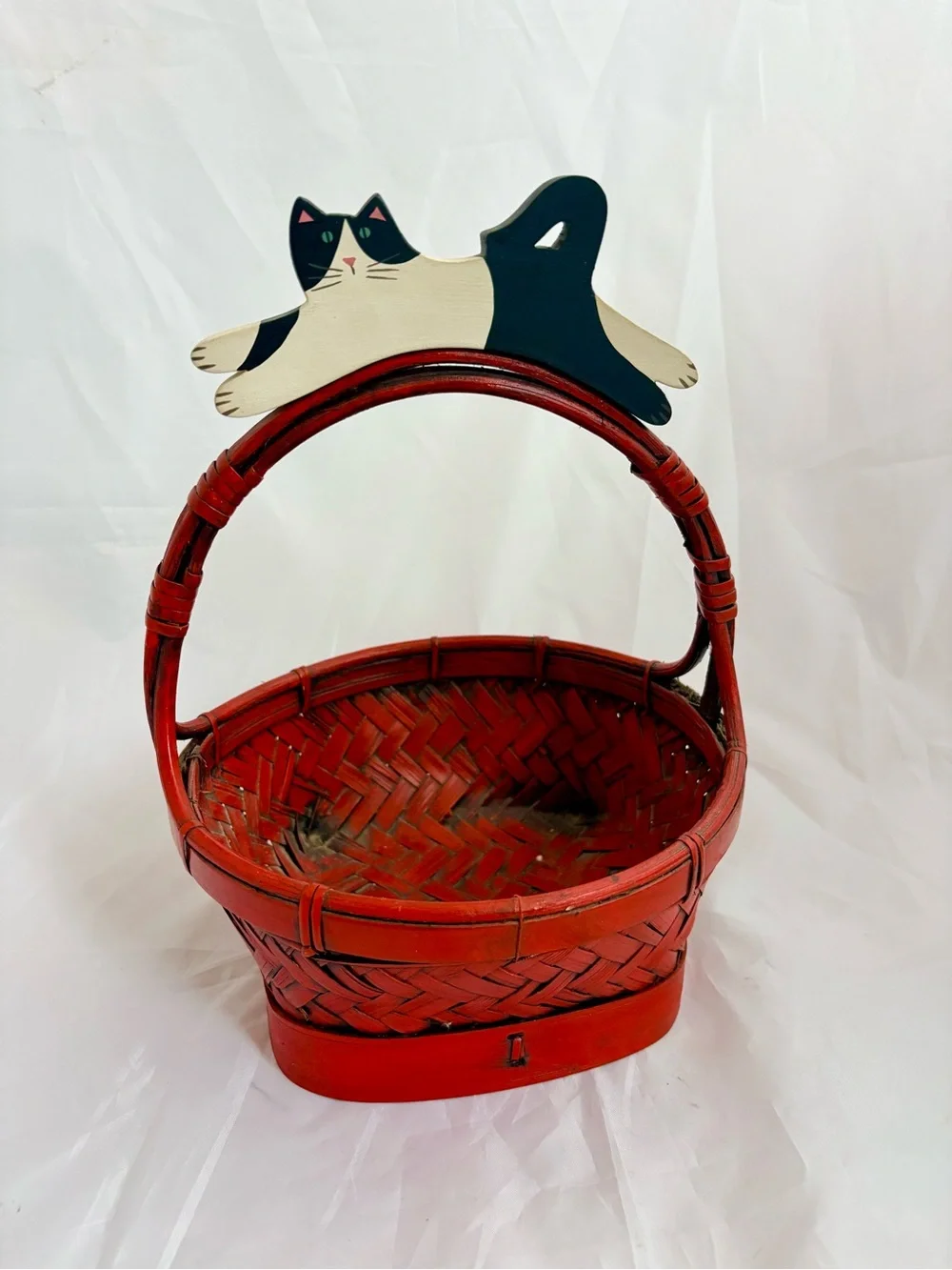 Red Woven Basket with Cat Handle - Home Accents